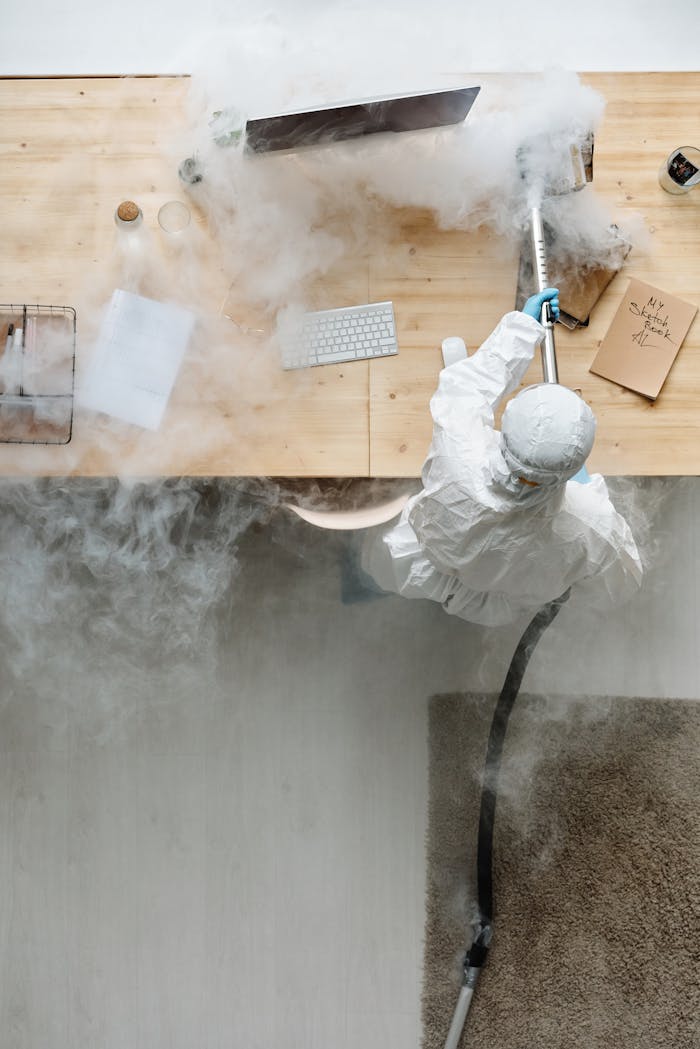 A person in protective gear sanitizing an office desk using fumigation equipment during daytime.